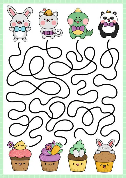 Vector illustration of Easter maze for kids. Spring holiday preschool printable activity with kawaii animals and cupcakes with eggs, carrot, bunny, chick. Labyrinth game or puzzle with cute characters, cup cakes