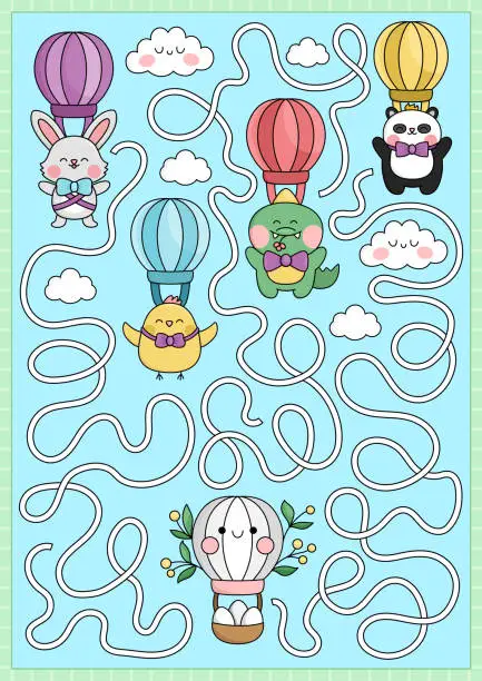 Vector illustration of Easter maze for kids. Spring holiday preschool printable activity with kawaii animals playing egg hunt and flying on hot air balloons. Garden labyrinth game or puzzle with cute characters