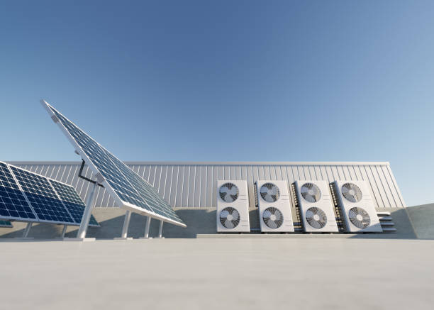 istock 3d rendering of photovoltaic cell on solar panel, condenser unit or compressor on rooftop. Eco building with system technology for future. To generate electrical power or direct current electricity. 1458463515