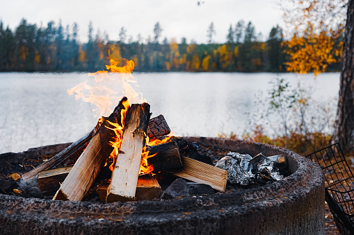 Big fire that warms the air. Burning wood to make a barbeque. Outdoor life, fishing day. Swedish landscape in autumn.
