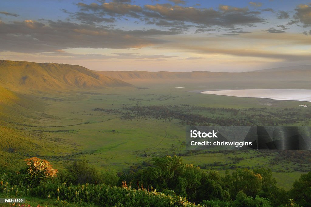 Scenic panorama of a crater in Tanzania at sunset The west rim of the Ngorongoro crater at sunrise in Tanzania	 Ngorongoro Crater Stock Photo