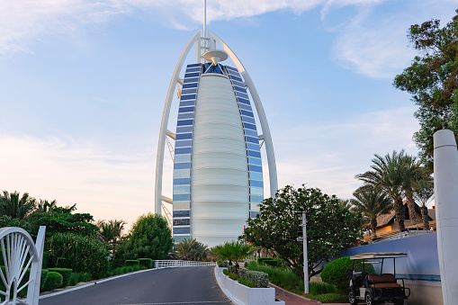 Burj al Arab hotel viewed from road to hotel. Dubai, UAE , United Arab Emirates. November 27th, 2022.