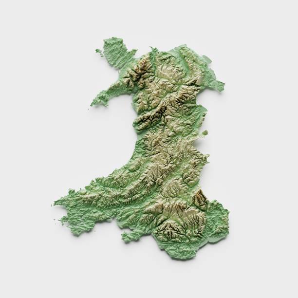 mapa topográfico em relevo de gales - 3d render - welsh flag welsh culture flag green - fotografias e filmes do acervo