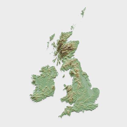 3D render of a topographic map of British Isles. All source data is in the public domain. SRTM data courtesy of the U.S. Geological Survey.
