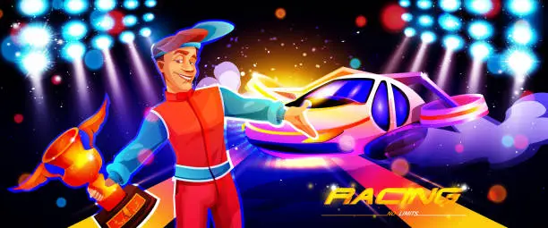 Vector illustration of Sport and victory concept in cartoon style. Focus on racer with racing futuristic car on abstract color background. Race track finish line.