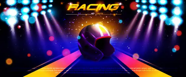 Vector illustration of Sport and victory concept in cartoon style. Race track finish line with racing helmet and place for text on abstract color background.