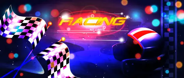 Vector illustration of Sport and victory concept in cartoon style. Race track finish line with racing helmet and start and finish checkered flags with space for text on abstract asphalt neon background.