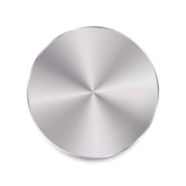 istock Realistic round metal badge with shadow. Circle blank button with metallic, aluminum or chrome texture 1458470149