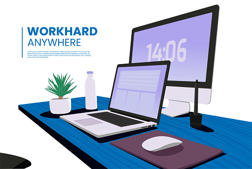 View of workspace with laptop, computer, stationery and plant on a table concept illustration
