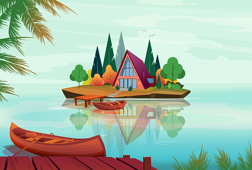 Illustration of a house and trees on island