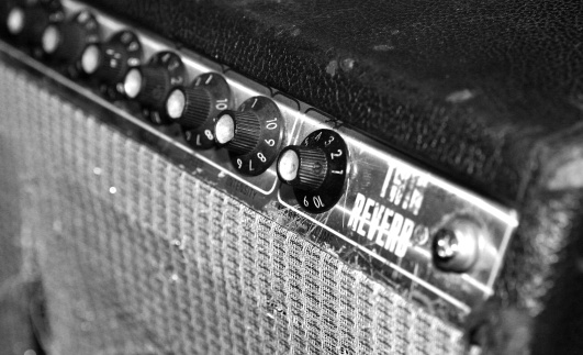 Black and white guitar amplifier photographed outside a blues club in San Diego, CA