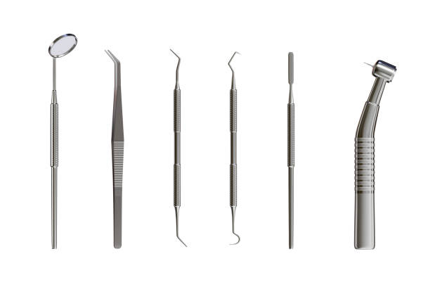 ilustrações de stock, clip art, desenhos animados e ícones de 3d realistic professional dental tools set for dentistry inspection. teeth care, health concept. basic metal medical equipment, instrument top view. vector illustration isolated on white background - dental drill dental equipment drill work tool