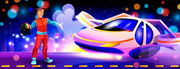 Vector illustration of Sport and victory concept in cartoon style. Focus on racer with racing futuristic car on abstract color background. The finish line of the race track against the backdrop of the city at night.
