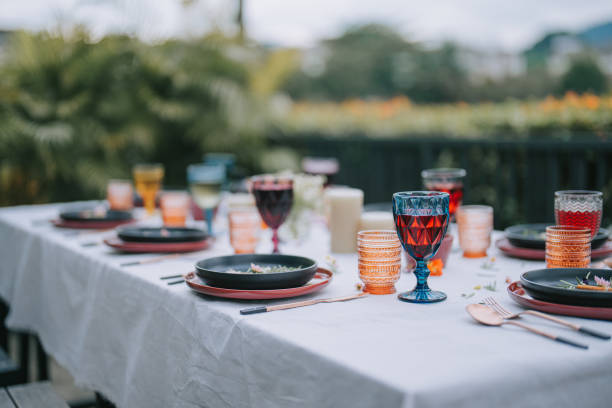 istock Outdoor Dining place setting with Fusion Food 1458478681