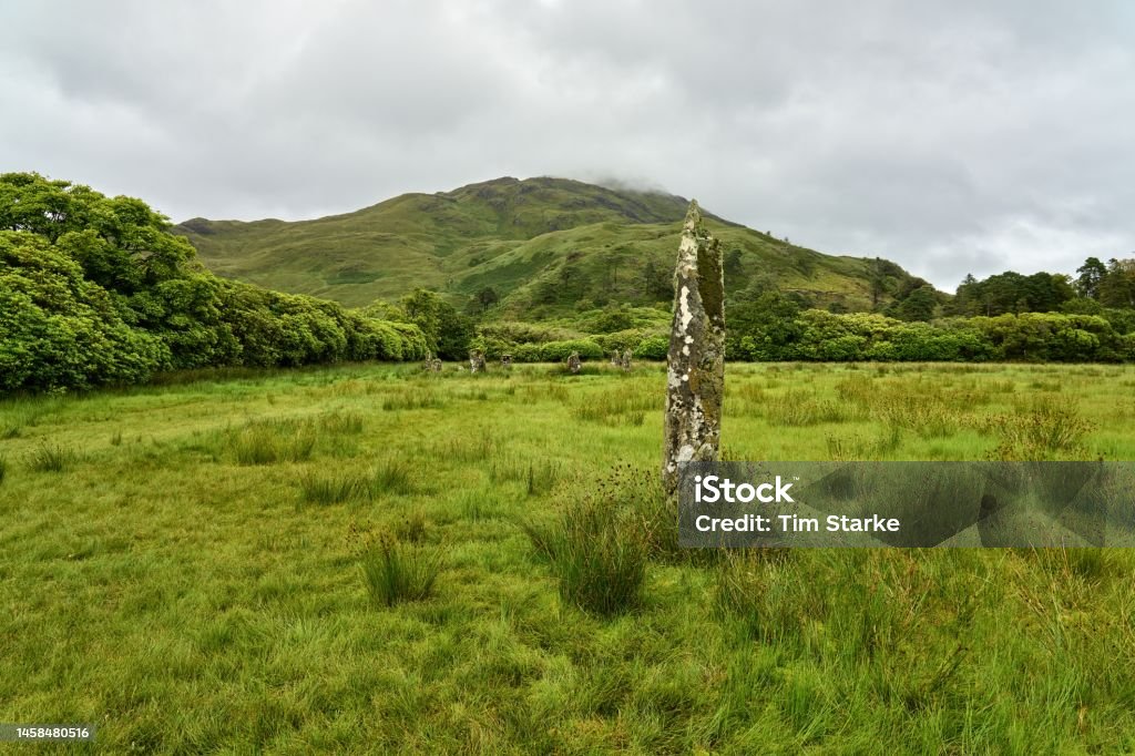the stone circle of standing stones at Lochbuie on the Isle of Mull Isle of Mull, Scotland, Inner Hebrides, Lochbuie standing stones Ancient Stock Photo