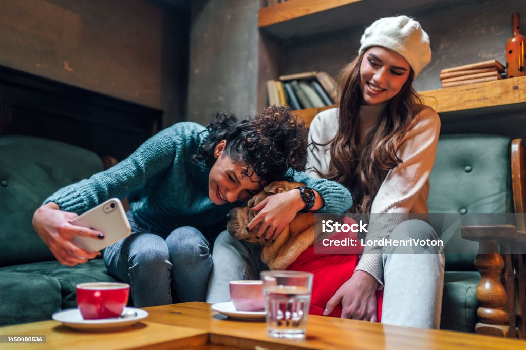 Woman taking a selfie with her friend dog at the coffee shop Young cheerful woman taking a selfie with her friend dog at the coffee shop Adult Stock Photo