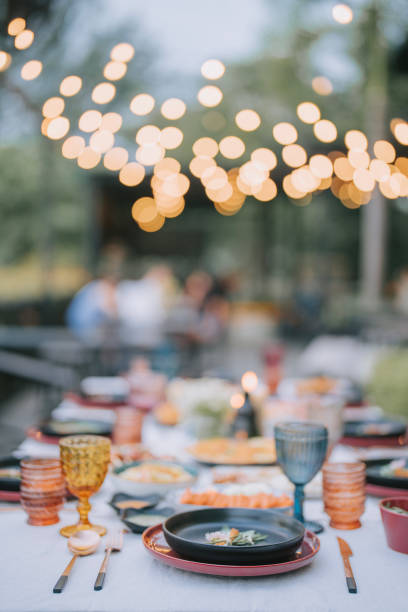 asiatische fusion food outdoor dining dinner table place setting - nobody patio summer lawn stock-fotos und bilder