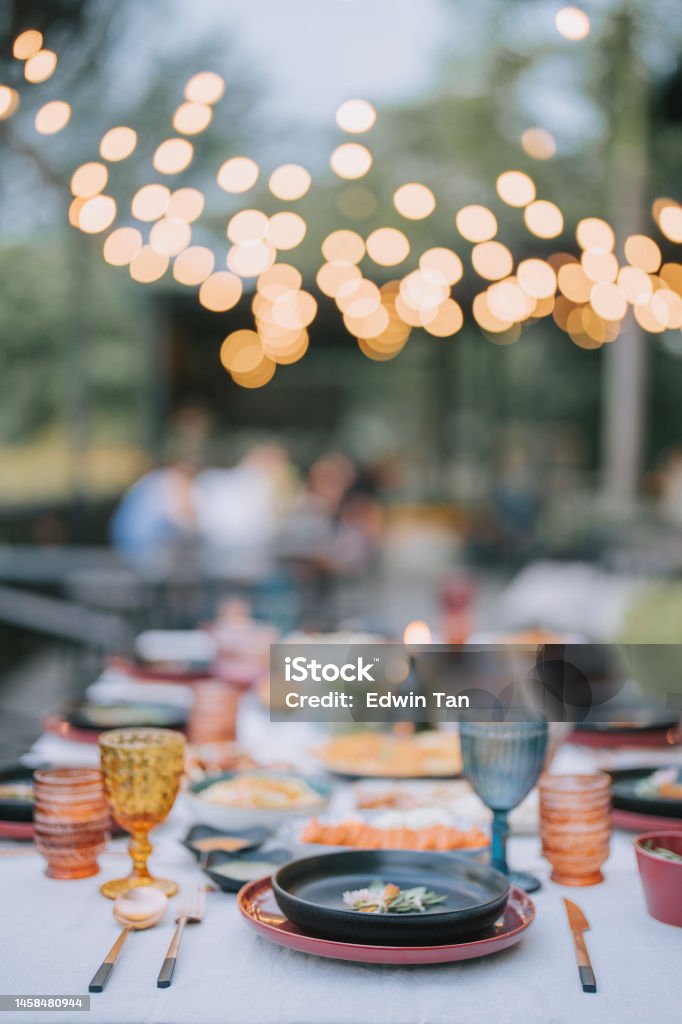 Asian Fusion Food Outdoor Dining Dinner Table Place Setting Summer Stock Photo