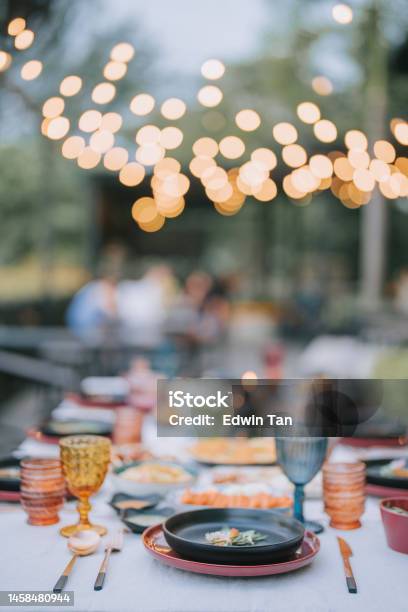 Asian Fusion Food Outdoor Dining Dinner Table Place Setting Stock Photo - Download Image Now