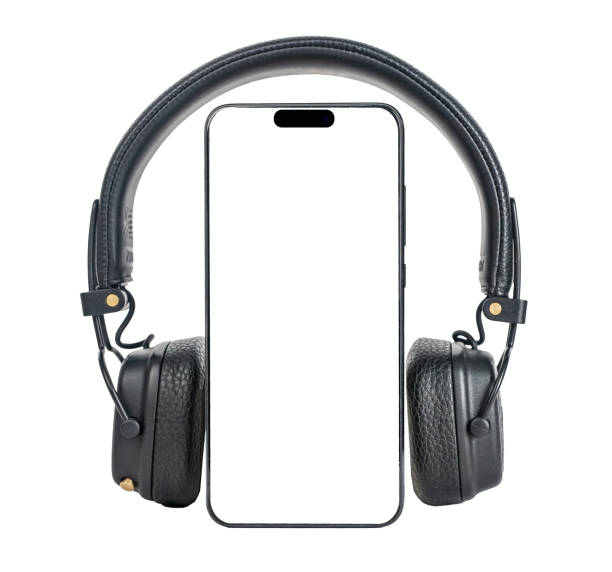 istock Mobile phone screen mockup, black headphones isolated on white background. Smartphone display mock up and head phones for listening music, audio, podcast app 1458481447