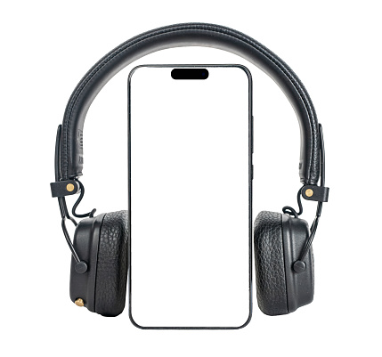 Mobile phone screen mockup, black headphones isolated on white background. Smartphone display mock up and head phones for listening music, audio, podcast app. High quality photo