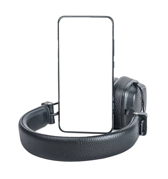 istock Phone screen mockup, headphones composition for mobile audio app ad. Smartphone display mock up 1458481523