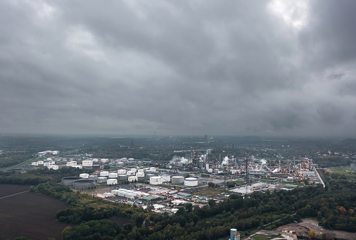 Gelsenkirchen, Ruhr, Germany - October 2022: Aerial view of the Raffinerie (bp Horst), an oil (petroleum) refinery industrial process plant for gasoline (petrol), diesel fuel, kerosene etc. production