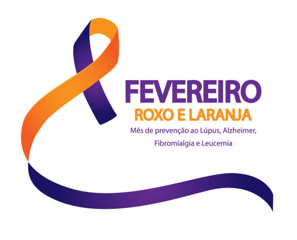 ilustraciones, imágenes clip art, dibujos animados e iconos de stock de febrero morado y naranja. mes de concientización sobre el lupus, el alzheimer, la fibromialgia y la leucemia en portugués brasileño - february