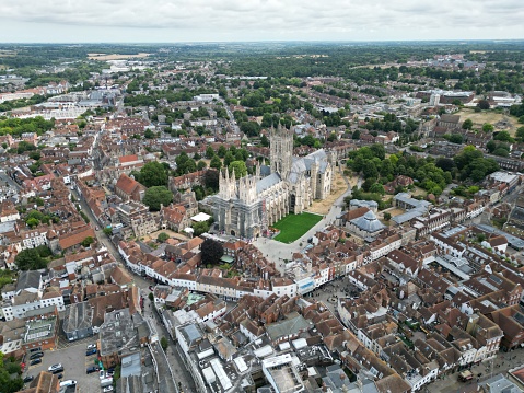 Canterbury cathedral; Kent UK high angle  drone aerial view summer