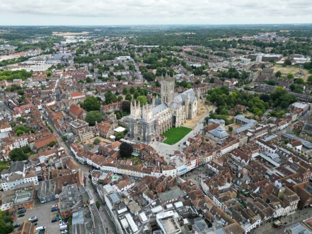 Canterbury cathedral; Kent UK high angle  drone aerial view summer Canterbury cathedral; Kent UK high angle  drone aerial view summer canterbury england stock pictures, royalty-free photos & images