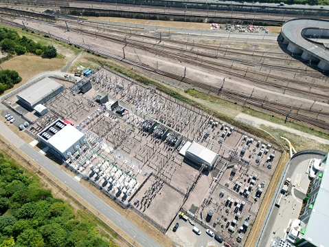 Eurotunnel ElecLink  Electric sub station Folkstone UK Drone, Aerial, view from air, birds eye view,