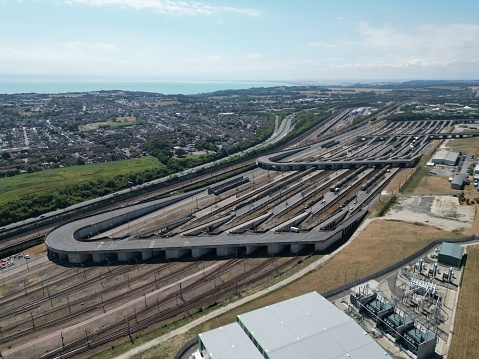 Eurotunnel Folkestone Terminal Channel tunnel UK drone aerial view