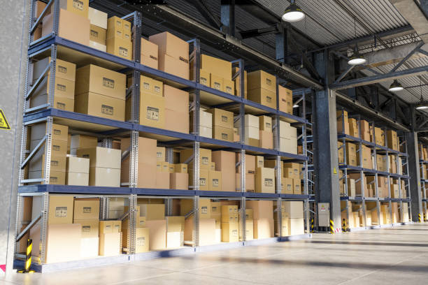 istock 3D illustration. Cardboard boxes on storage warehouse shelves. 1458485475