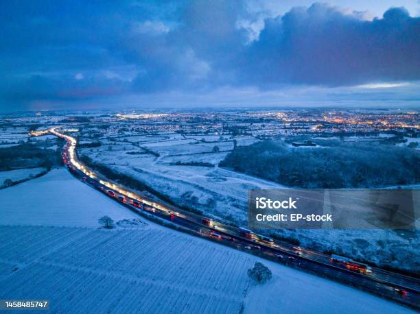 Aerial View Of Snowy M6 Motorway And Stafford Castle At Dawn Stock Photo - Download Image Now