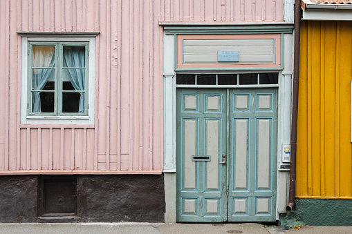 Close-up of colourful facades of houses in Kalmar, Sweden