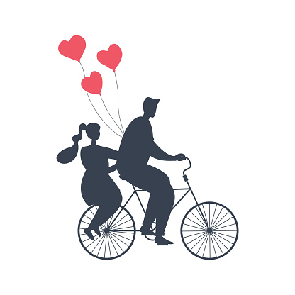 Valentine's day illustration. Black silhouettes of young man and young woman with red hearts. Boy with girl is riding a bike. Vector illustration