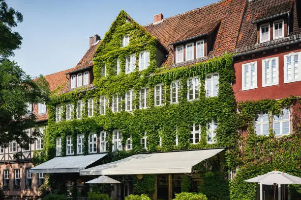 Beautiful green facade at Ballhofplatz in the old town of Hanover, Lower Saxony, Germany