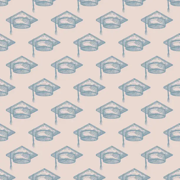 Vector illustration of Graduate hat engraved seamless pattern. Vintage element education in hand drawn style. Sketch texture for fabric, wallpaper, textile, print, title, wrapping paper. Vector illustration.