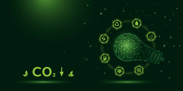 ilustrações de stock, clip art, desenhos animados e ícones de reduction of co2 emissions into atmosphere, environmental protection, carbon neutrality, concept of ecology. symbolic light bulb surrounded by renewable energy icons on dark green background - footprint carbon environment global warming