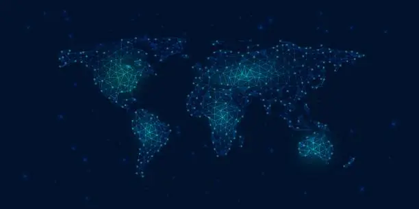 Vector illustration of Low poly world map. Modern blue world map with bright mesh network.