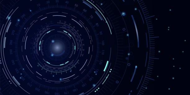 istock Abstract technological dark blue background. Image of circles with numbers, scales, spots of light. digital interface, portal, teleport and technology concept 1458494730