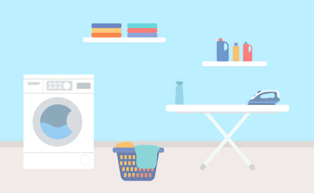 waschküche mit waschmaschine, bügelbrett, wäschekorb und waschmitteln - iron laundry cleaning ironing board stock-grafiken, -clipart, -cartoons und -symbole