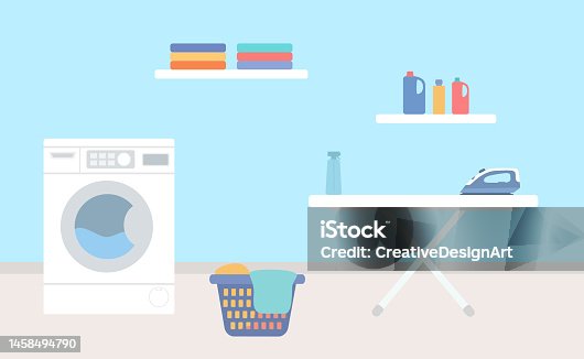 istock Laundry Room With Washing Machine, Ironing Board, Laundry Basket And Detergents 1458494790