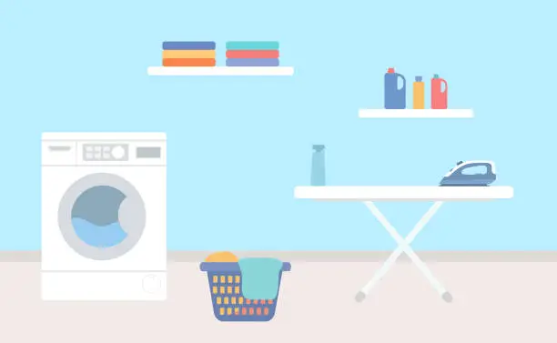 Vector illustration of Laundry Room With Washing Machine, Ironing Board, Laundry Basket And Detergents