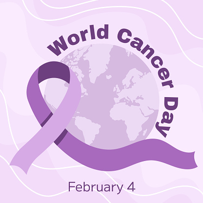 World Cancer Awareness Day February 4th. Lilac or purple ribbon with planet symbol of cancer. Stop cancer campaign Health care square template for social media or website