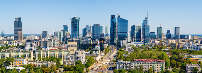 Office district around Daszynskiego roundabout called new Mordor, Warsaw skyline aerial image