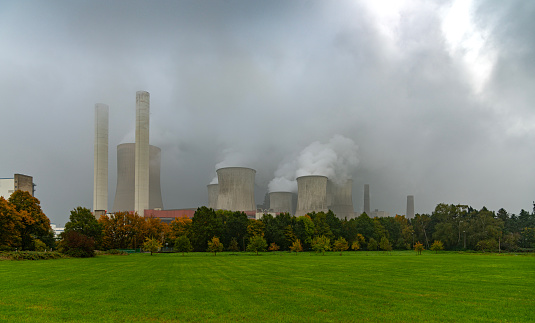 Coal power plant and environmental pollution with surrounding nature in Germany, Bergheim.