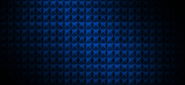 Dark acoustic foam wall with blue light. Recording studio room background with sound proofing texture. Radio broadcast or podcast background with copy space for website banner design