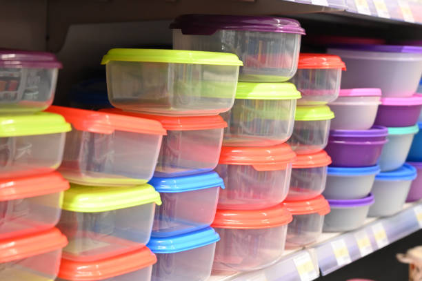 Plastic food containers on the shelf in the store