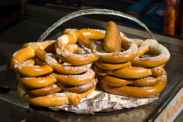 Tray with Fresh, Baked Salted Pretzels at Hawker Stall stock photo